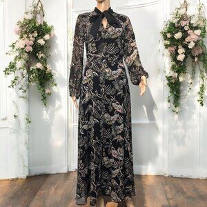 SOLD BANANA REPUBLIC Women Retro Button Up Flare Maxi Dress Floral High Tie Neck